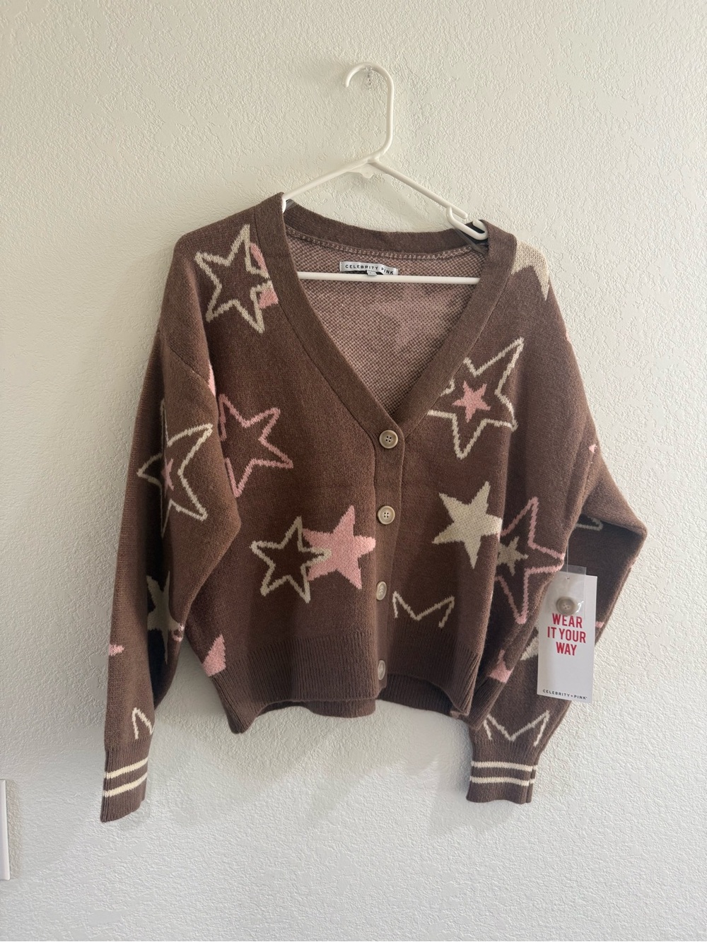 Celebrity Pink Brown Cardigan with Pink & Cream Stars